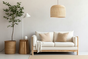 Simple Nordic living room with wood table, floor lamp, wicker basket, and white couch on a beige backdrop. Generative AI