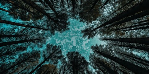 Obraz premium AI Generated. AI Generative. Nature wild outdoor forest trees looking up view with sunny ray. Adventure travel trekking inspiration. Looking high at high oak trees.