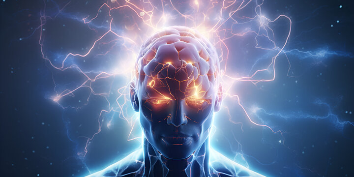 Artificial intelligence extraterrestrial intelligence alien humanoid 3d illustration ,Human head with glowing neurons in brain esoteric and meditation concept connection