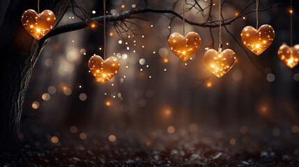 Sparkle Glowing Heart reflected lights, orange and gold, captivating visual, Romantic scenery, dreamy, copy space, greeting card