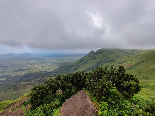 Scenic nature beauty view with green hills and valleys from famous tourist destination Baba budangiri ,Chikkamagaluru,Karnataka