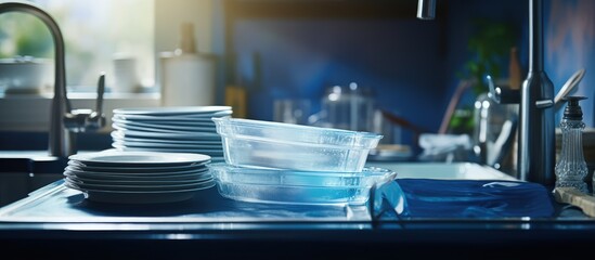 Routine for cleaning the house includes washing dishes by hand with water using blue dishes and Chinese chopsticks while also conserving home water energy