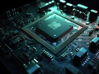 Fototapeta premium Advanced Technology Concept Visualization. Circuit board. Motherboard digital chip. Digitalization of Neural Networking and Cloud Computing. Digital Lines Move Data