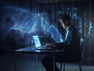 Businessman works with financial data. Futuristic interface above computer. Interactive financial diagrams and digital data visualization concept. Global e-business network communication
