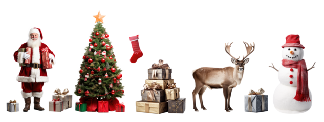 Christmas design elements collection isolated on transparent white background. Santa Claus, Christmas tree, gifts, reindeer, snowman and stocking