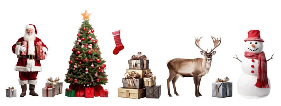 Christmas design elements collection isolated on transparent white background. Santa Claus, Christmas tree, gifts, reindeer, snowman and stocking