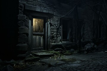 eerie dark door stone house night lights haunted public street. Generative AI