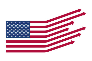 USA flag arrows pointing down. Simple vector infographic illustration. United States economy collapse. Financial crisis, recession, market downfall in America. - obrazy, fototapety, plakaty