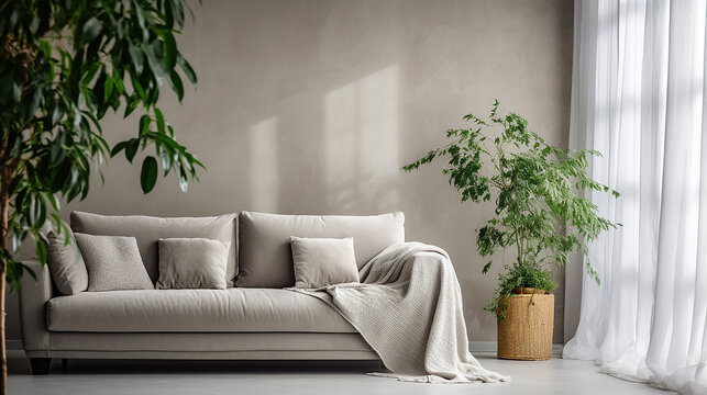 Białe wnętrze salonu pokoju z sofą firanami i kwiatami 