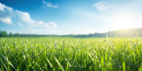 AI Generated. AI Generative. Green fresh grass field meadow with blue sky horizon background. Mock up inspirational wild outdoor nature. Graphic Art