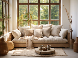 Beige fabric sofa by the window. House interior design in the boho style of a modern living room with a large window