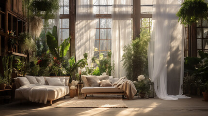 Jasny wysoki i przestronny salon z sofą roślinami domowymi firanami i wysokim sufitem