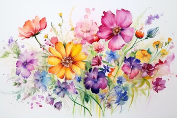 vibrant floral watercolor painting on white background. Generative AI