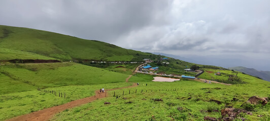 Scenic nature beauty view with green hills and valleys from famous tourist destination Baba budangiri ,Chikkamagaluru,Karnataka