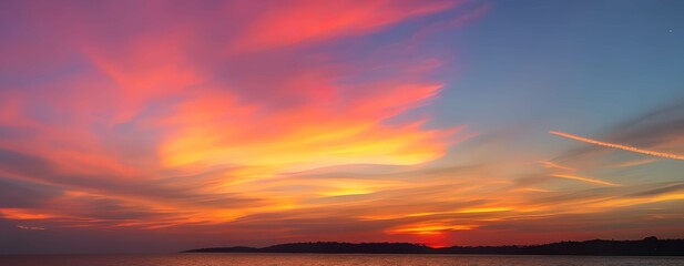 海のホライゾンに広がる夕暮れのパノラマ：深い青色の海と鮮やかな空、夕日の光が雲をピンクとオレンジに染め上げる