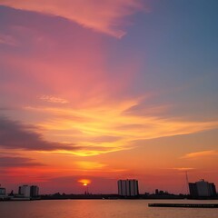 海のホライゾンに広がる夕暮れのパノラマ：深い青色の海と鮮やかな空、夕日の光が雲をピンクとオレンジに染め上げる
