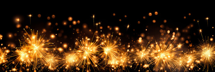 Festive burning sparkles or firework sparkles at New Year holiday party. Celebration close-up with gold colored illuminated Bengal light sticks on black background