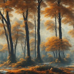 Beautiful background image of a rocky river with strong currents surrounded by orange forest trees and misty lights.