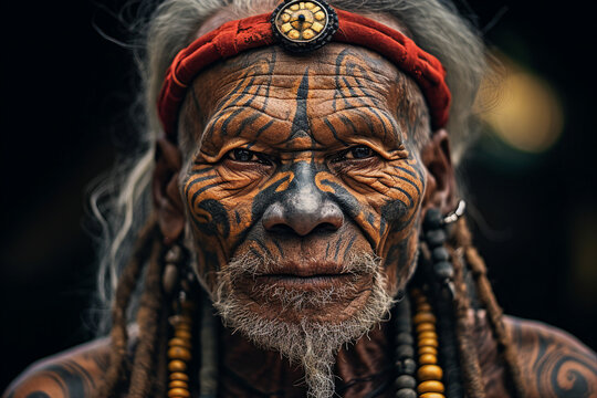 Generative AI close up portrait of old man face an african local typical inhabitant of the tribes looking straight into the camera