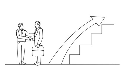 continuous line drawing concept of business  two people meeting with handshake with chart arrow growth team business. vector illustration