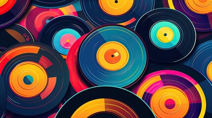 Draw illustration,  background of record vinyls on colorful pop vintage style.