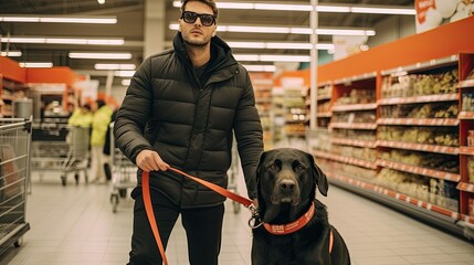 Dog guide helps to a blind man do shopping in the supermarket. - obrazy, fototapety, plakaty