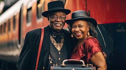 Naklejka premium Happy black mature couple in love, ready to travel by train