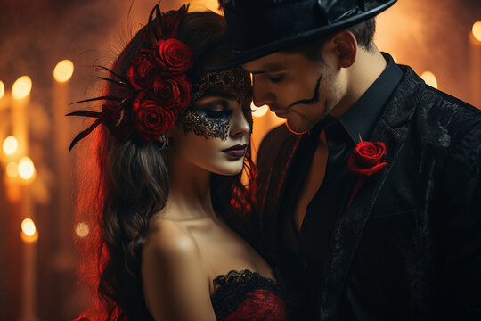 Abstract creative collage generated by ai of dark couple celebrate wedding on halloween night