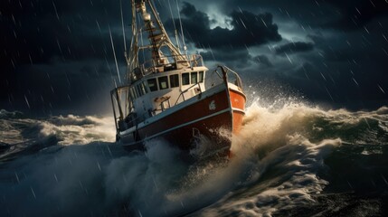 Fishing boat sailing on a brave sea in the storm. - obrazy, fototapety, plakaty