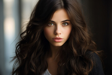 Fototapeta premium Generative Ai portrait of young girl woman brunette hairdo isolated over blurred lights background