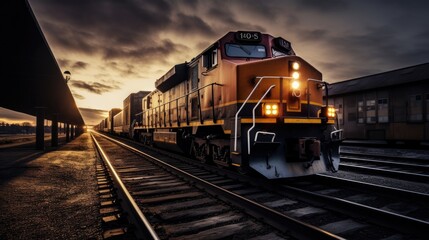 Locomotive on a freight train stopped at the station at night. - obrazy, fototapety, plakaty