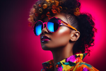 Generative Ai portrait of young black woman wearing sunglass modern picture vivid magenta colors