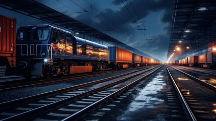 Fototapeta premium Locomotive on a freight train stopped at the station at night.