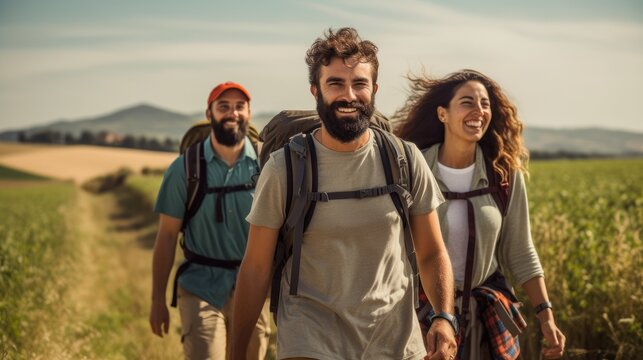 Group of friends enjoy a hiking day.