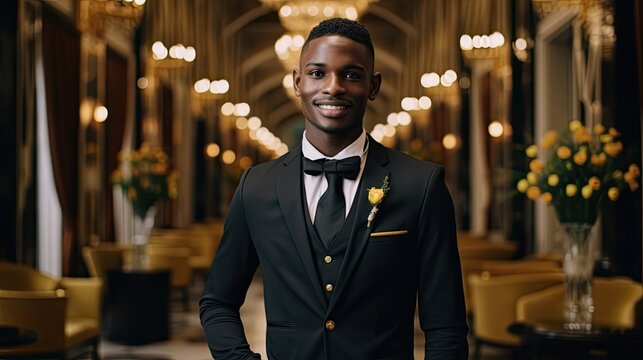 Portrait, black young man as a bellboy working with uniform in the hotel.