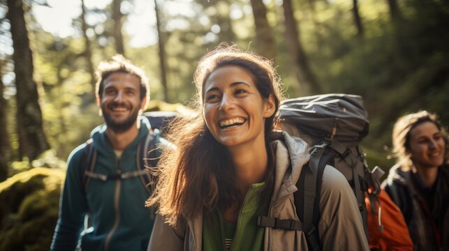 Group of friends enjoy a hiking day.