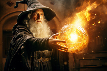 Generative ai collage photo of powerful warlock cast fire fiery spell - obrazy, fototapety, plakaty