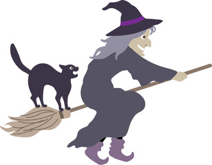  Halloween editable vector illustration element of spooky flying wicked witch with cat on a rightward broom. cute & fun background material