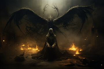 Genrative ai collage picture of evil satanic inferno with dark wings fallen angel in hell - obrazy, fototapety, plakaty
