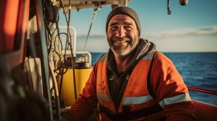 Fototapeta premium Smiling, disheveled looking mature man, sailor on fishing boat.