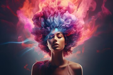 Concept of mental health. Portrait of a girl with exploding head with multicolored paints. - obrazy, fototapety, plakaty