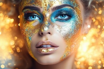 Close-up portrait of a girl with blue and gold sequins.