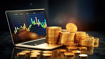 Laptop and stack of gold coins with forex chart