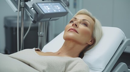 Mature woman on the stretcher in an aesthetic and beauty clinic.
