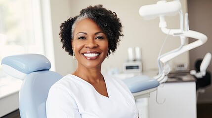 Mature afro american black woman, smile after the whitenning teeth treatment at the dentist.