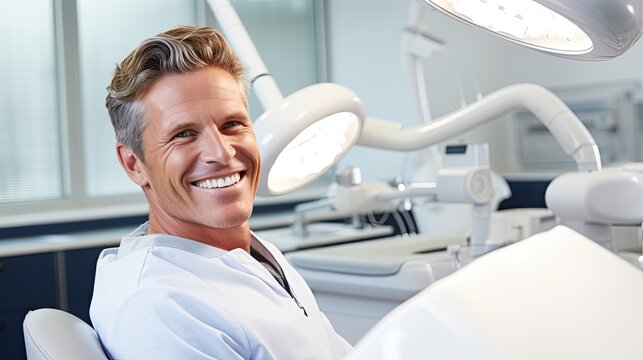 Mature man at the dentist, smiles after a teeth whitening treatment