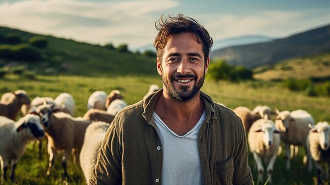Portrait of a smiling young shepherd man, herding a flock of sheep.