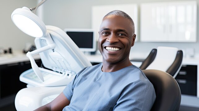 Mature black man at the dentist, smiles after a teeth whitening treatment.