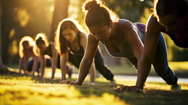 Group of women standing in plank position in the park