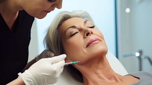 Portrait of a mature Caucasian woman receiving a injection of botox and hyaluronic acid on her face.
